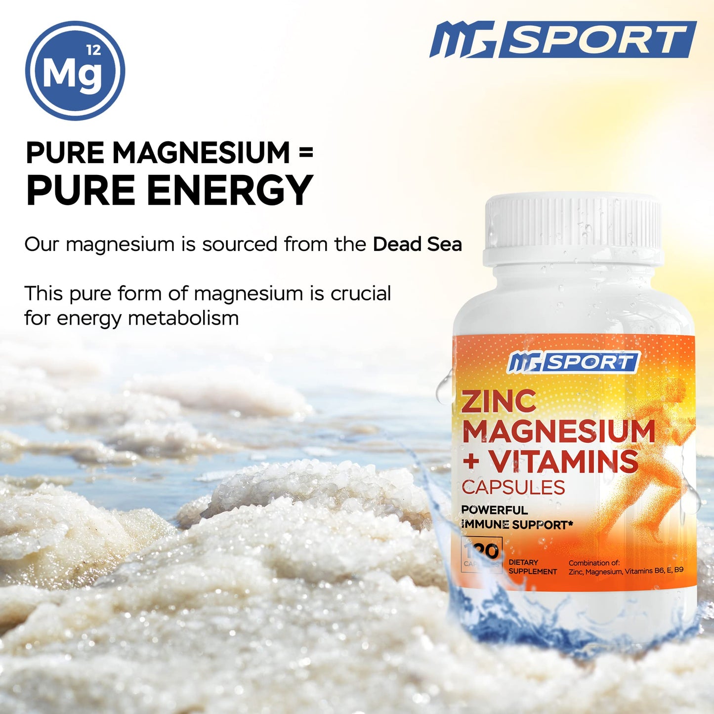 MgSport Magnesium Zinc Supplement with Vitamins B6 & B9 - Immune Support & Muscle Recovery | EZ-MG Easy on Stomach, 120 Capsules