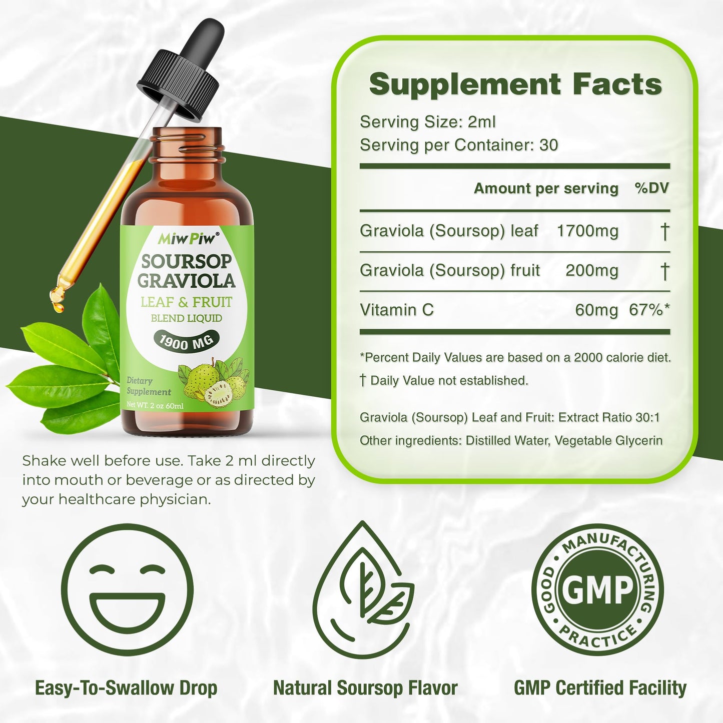 MiW Piw Soursop Graviola Liquid Drops 1900MG – Sleep Support & Immune Boost
