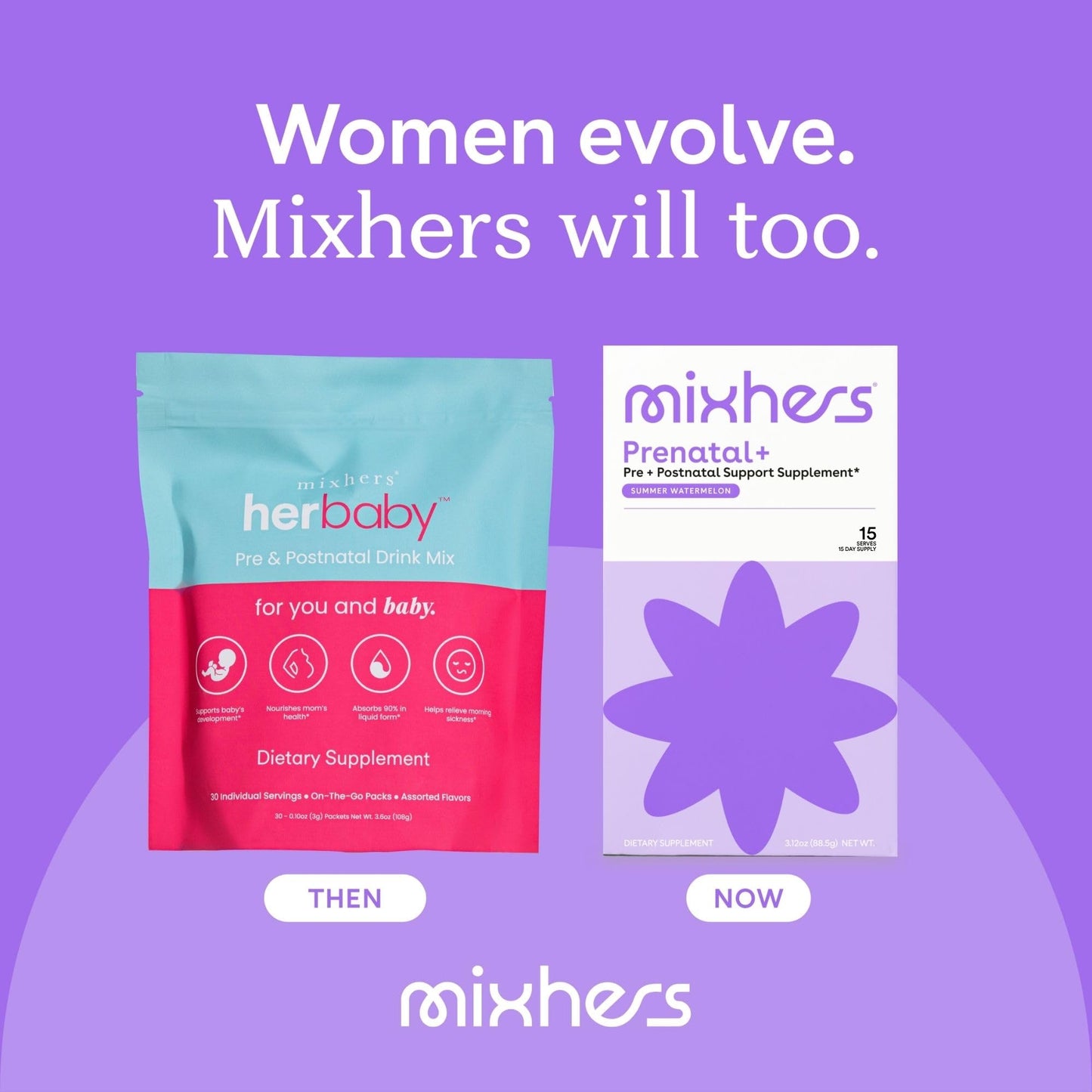 MIXHERS Prenatal+ Prenatal & Postnatal Support Drink Mix – Summer Watermelon Flavor – 15 Stick Packets