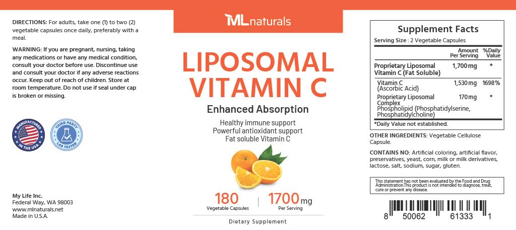 ML Naturals High Potency Liposomal Vitamin C 1700mg | 180 Veg Capsules