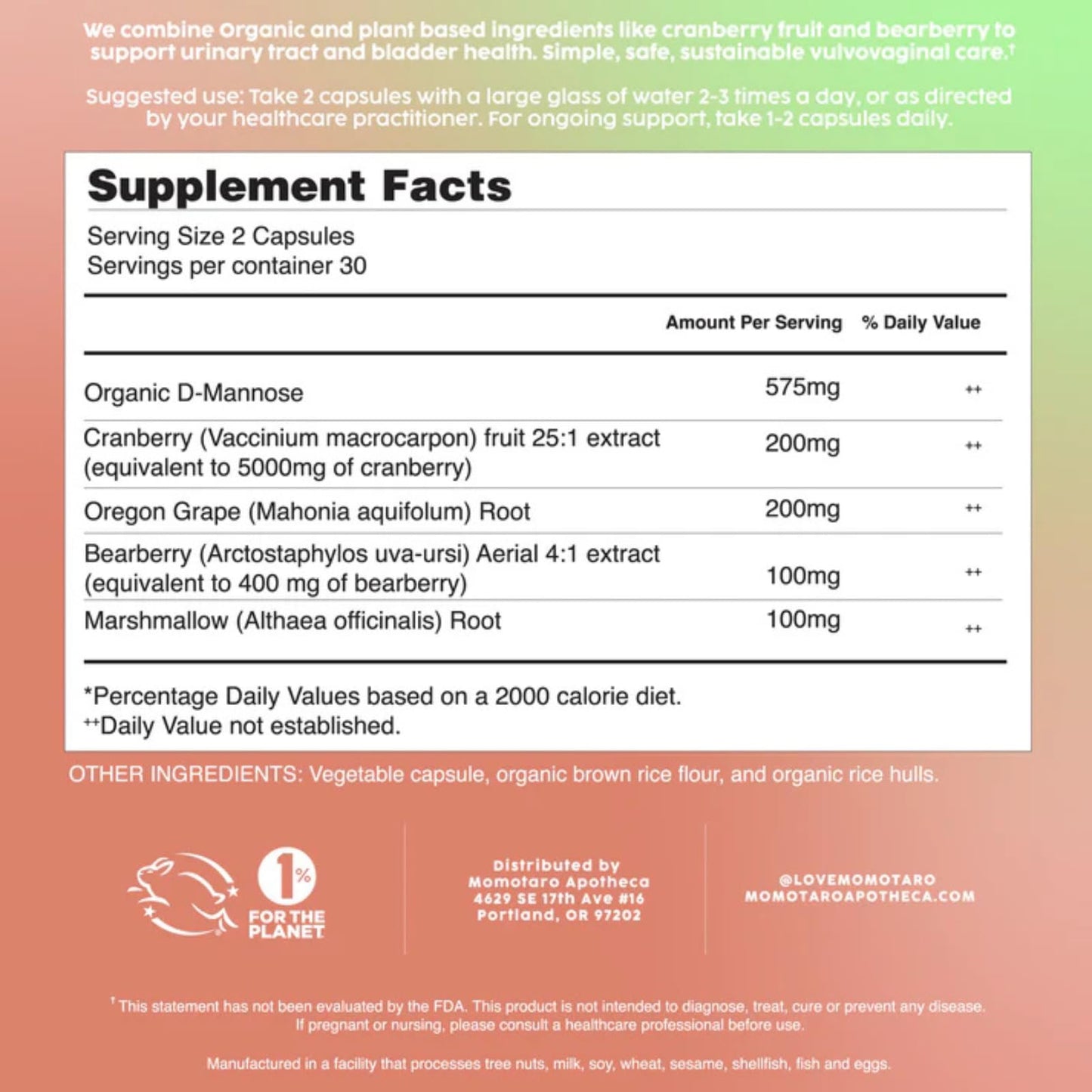 MOMOTARO APOTHECA Urinary Health Supplement – Cranberry & D-Mannose | Vaginal & Bladder Support, Vegan, 60 Capsules