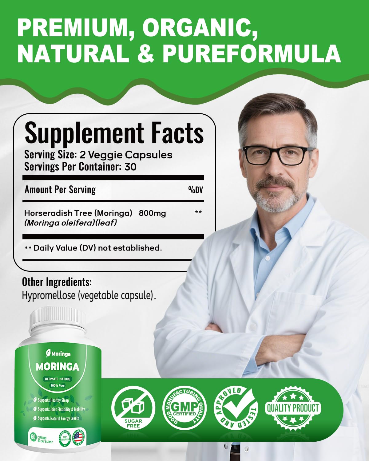 Moringa Capsules 800mg – Pure Moringa Powder Supplement (60 Capsules)