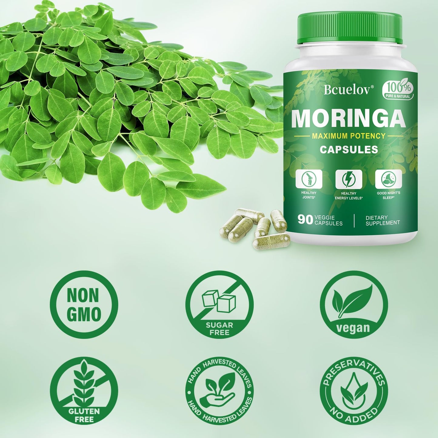Moringa Capsules 800mg | Pure Moringa Powder Capsules for Energy, Skin & Immune Support – 90 Caps