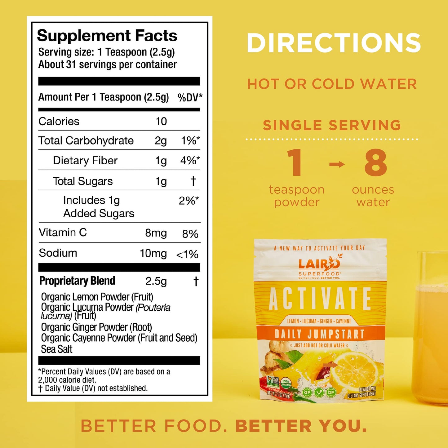 Laird Superfood Morning Jumpstart Powder Drink Supplement – Lemon, Lucuma, Ginger & Cayenne, Organic, 2.7 oz (Pack of 1)