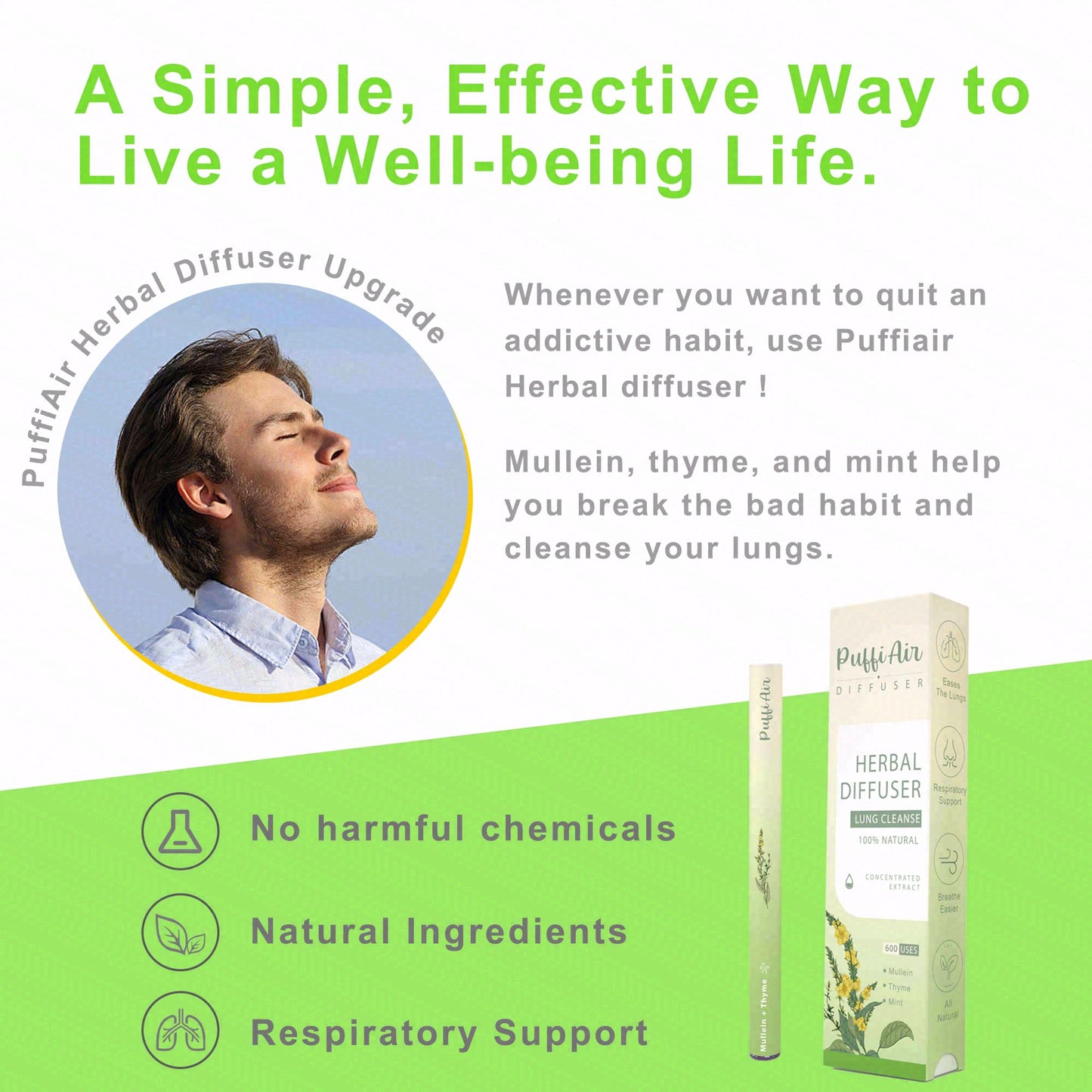 Upgraded Mullein Herbal Diffuser Stick – Lung Detox & Breathing Support | 600 Uses, 3 Sticks, 1 Pack