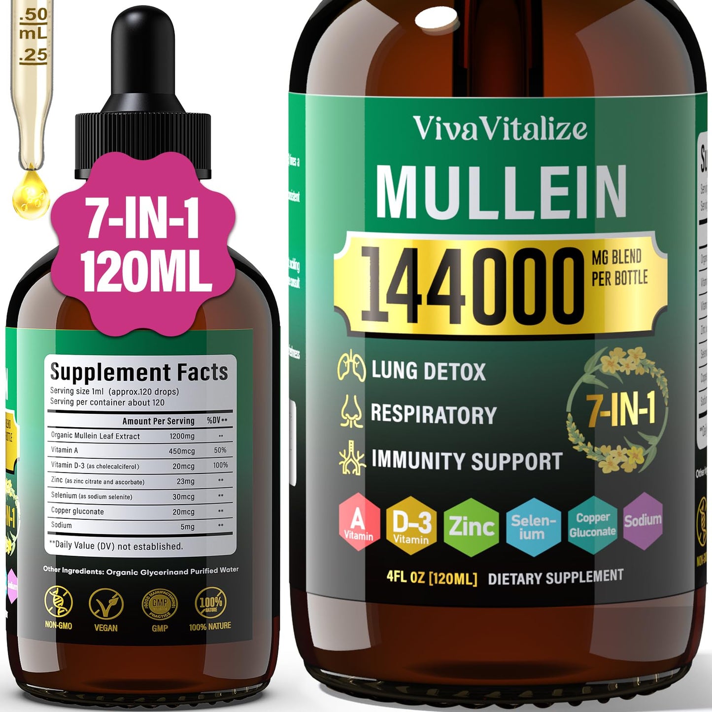 Mullein Drops for Lungs – 144000mg Mullein Leaf Extract | 120-Day Supply