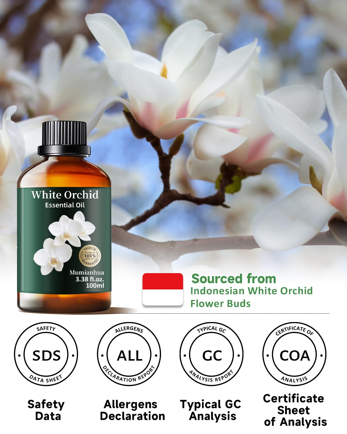 Mumianhua White Orchid Essential Oil 100ml – Therapeutic Grade for Diffuser, Skin & Candles