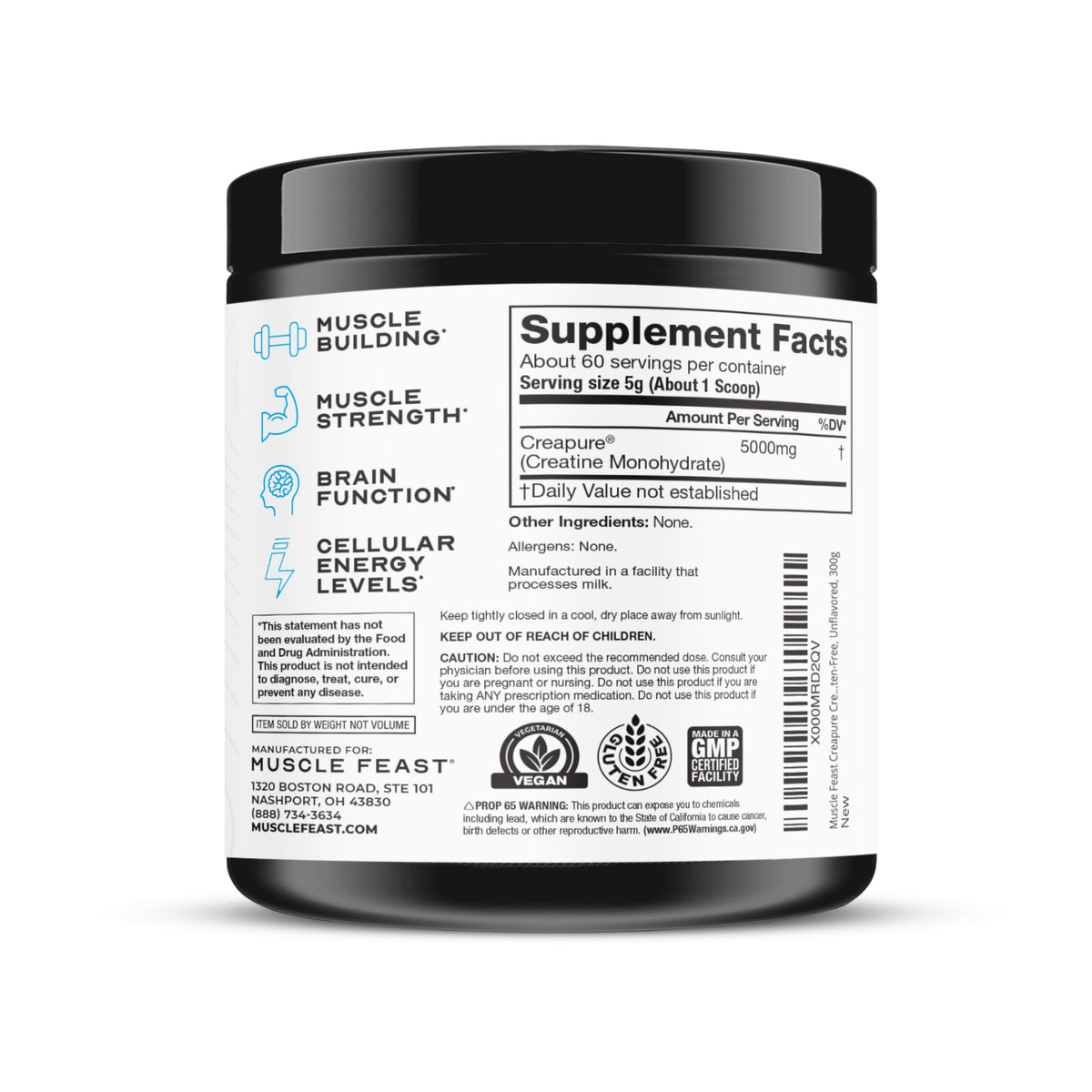 Muscle Feast Creapure Creatine Monohydrate Powder – Unflavored, 300g | Vegan, Gluten-Free, Keto Friendly, 60 Servings BritishVita | Premium UK Vitamins & Wellness Supplements