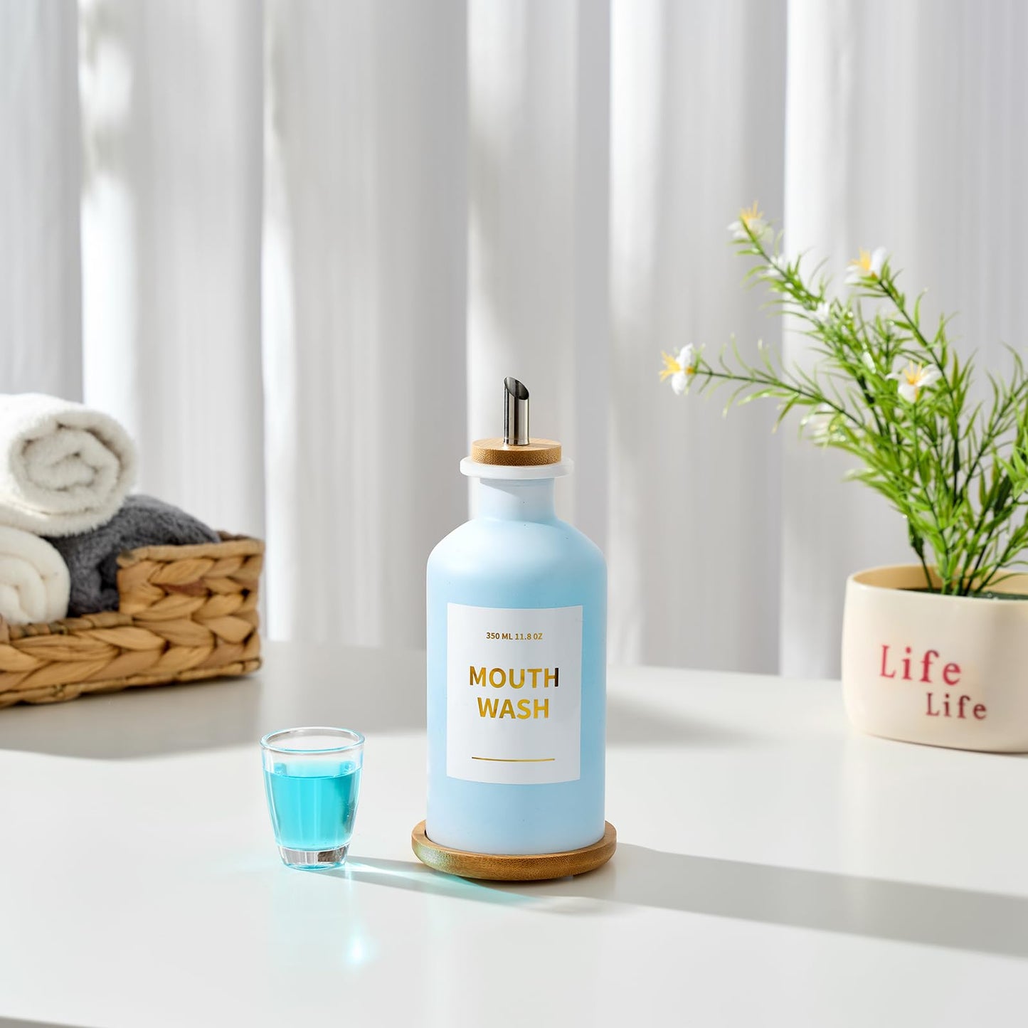 MUVEKA Glass Mouthwash Dispenser | 11.8oz, Bamboo Holder, Stainless Steel Spouts