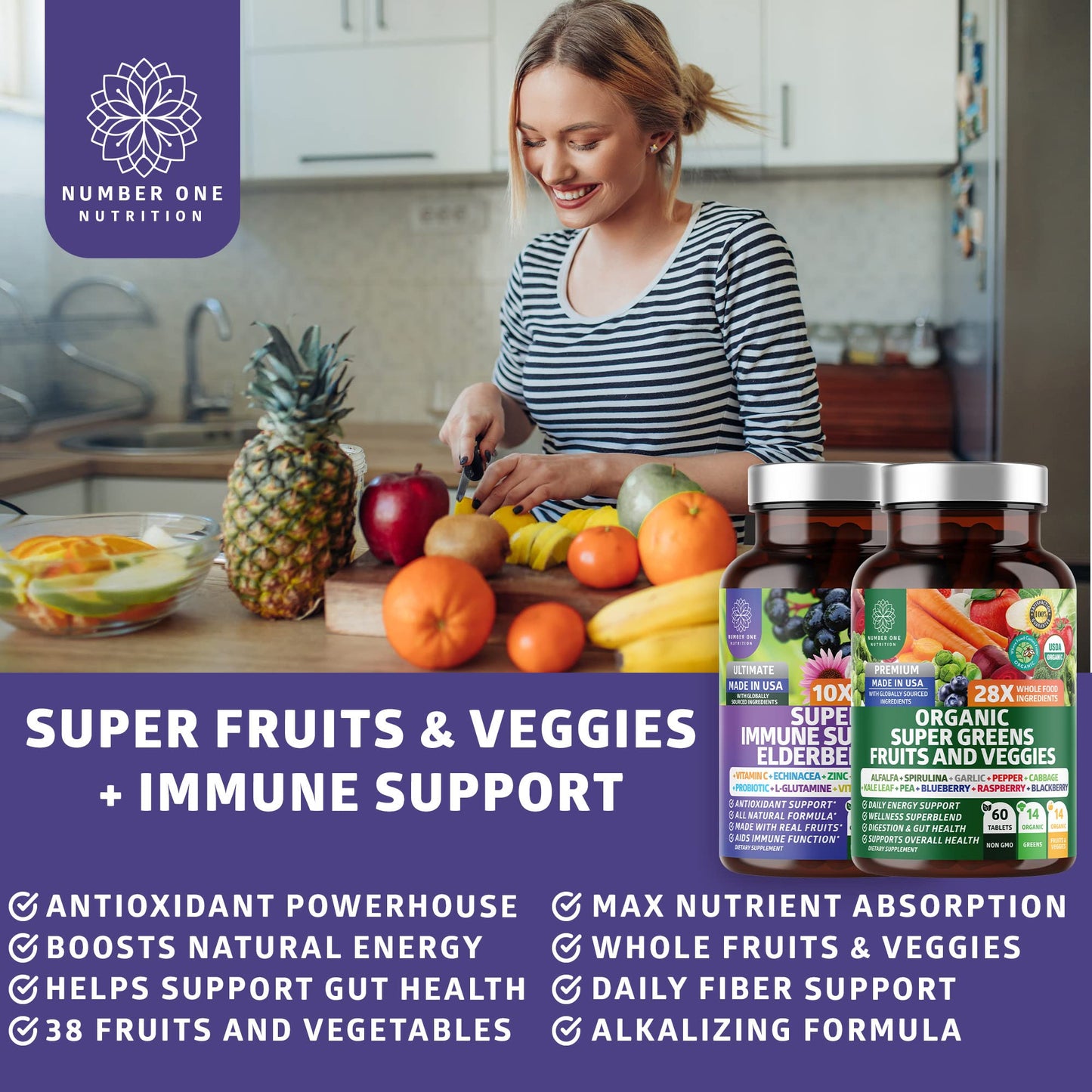 N1N Organic Super Greens + Immune Support | 38 Ingredients | 120 Caps