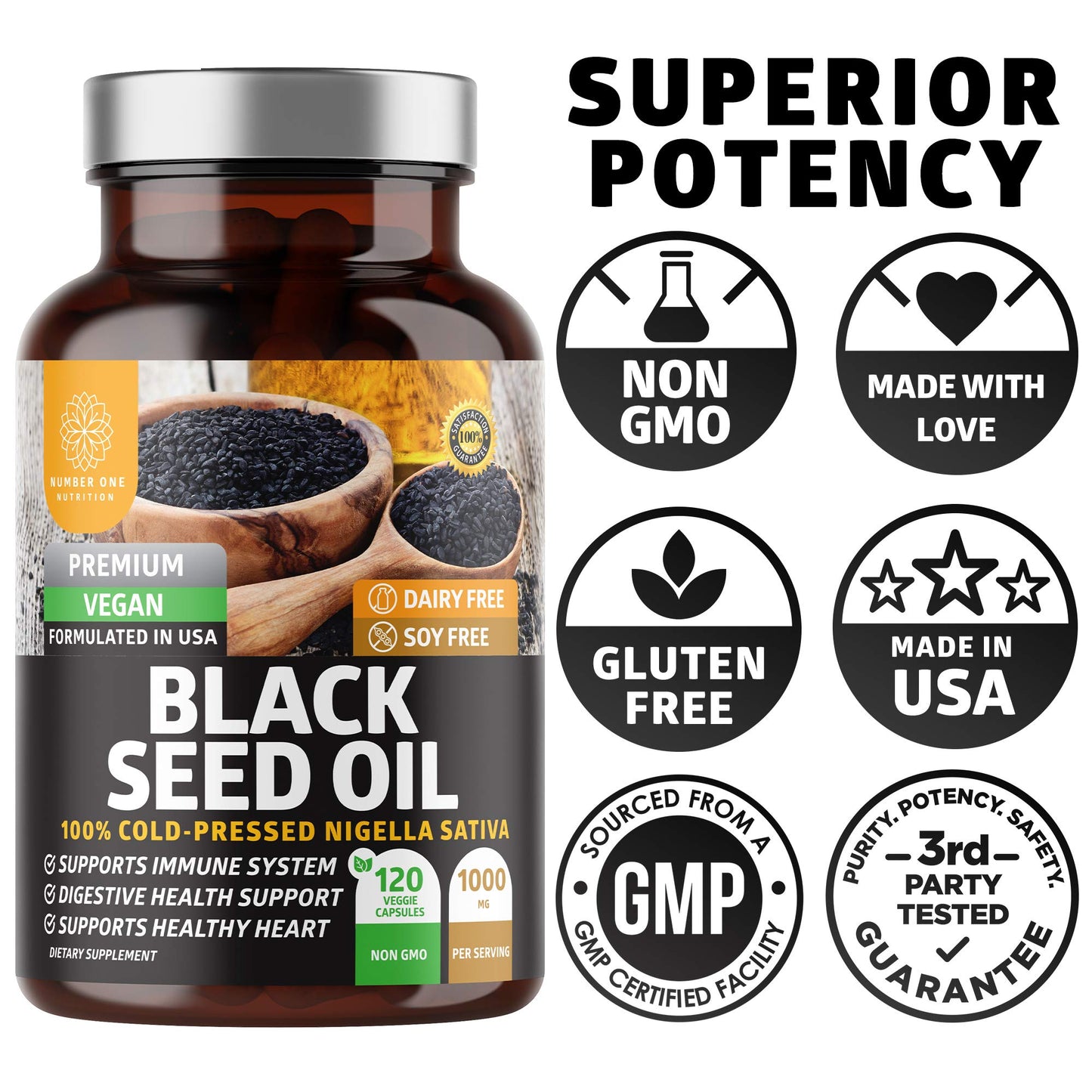 Number One Nutrition N1N Premium Black Seed Oil 1000 mg - Cold-Pressed