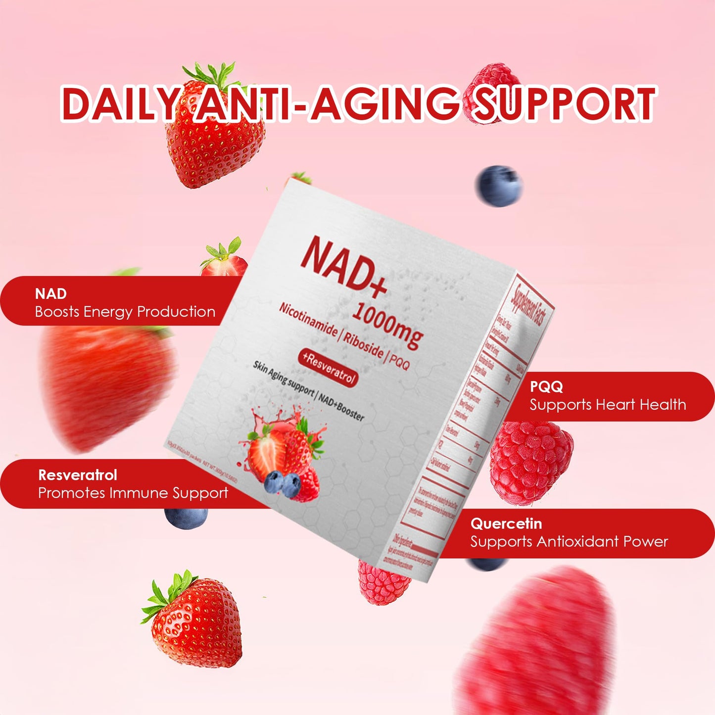 NAD+ Berry Flavor Drink Mix - 30 Pack | Nicotinamide Riboside, Resveratrol & PQQ