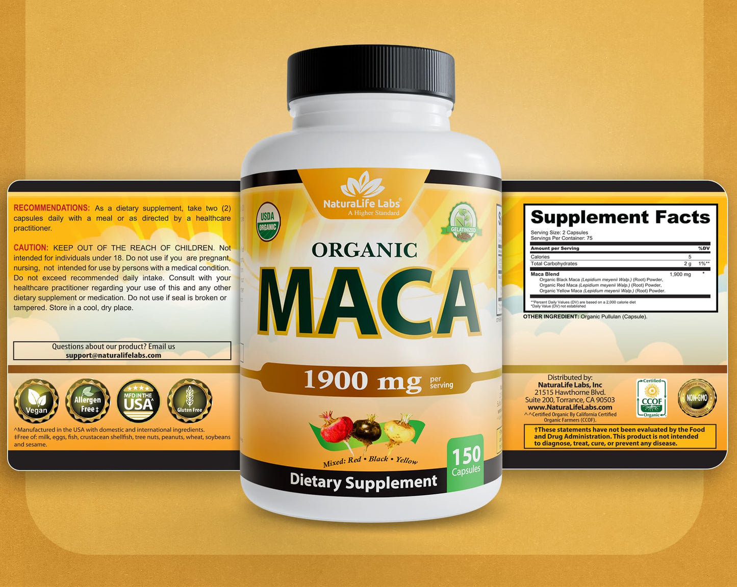 NaturaLife Labs Organic Maca Root – Black, Red & Yellow | 1900 mg per Serving | 150 Capsules | Vegan