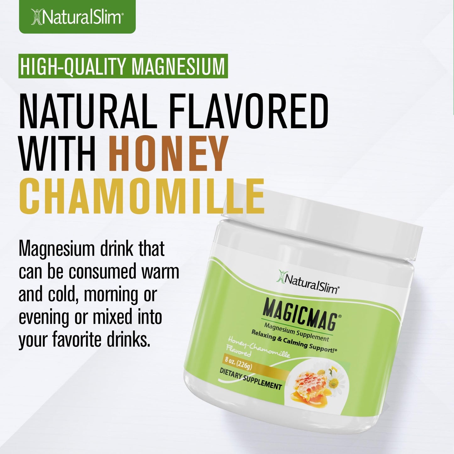 NaturalSlim MagicMag Magnesium Citrate Powder – Stress, Sleep & Heart Health Support | Honey Chamomile Drink Mix 8oz (Solo)