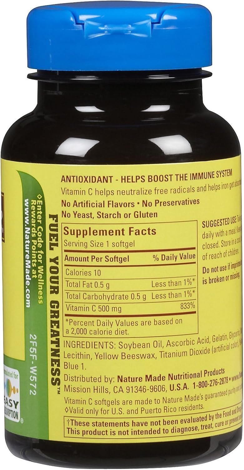Nature Made Vitamin C 500 mg Softgels - 60-Count Pack of 2 | Immune Support