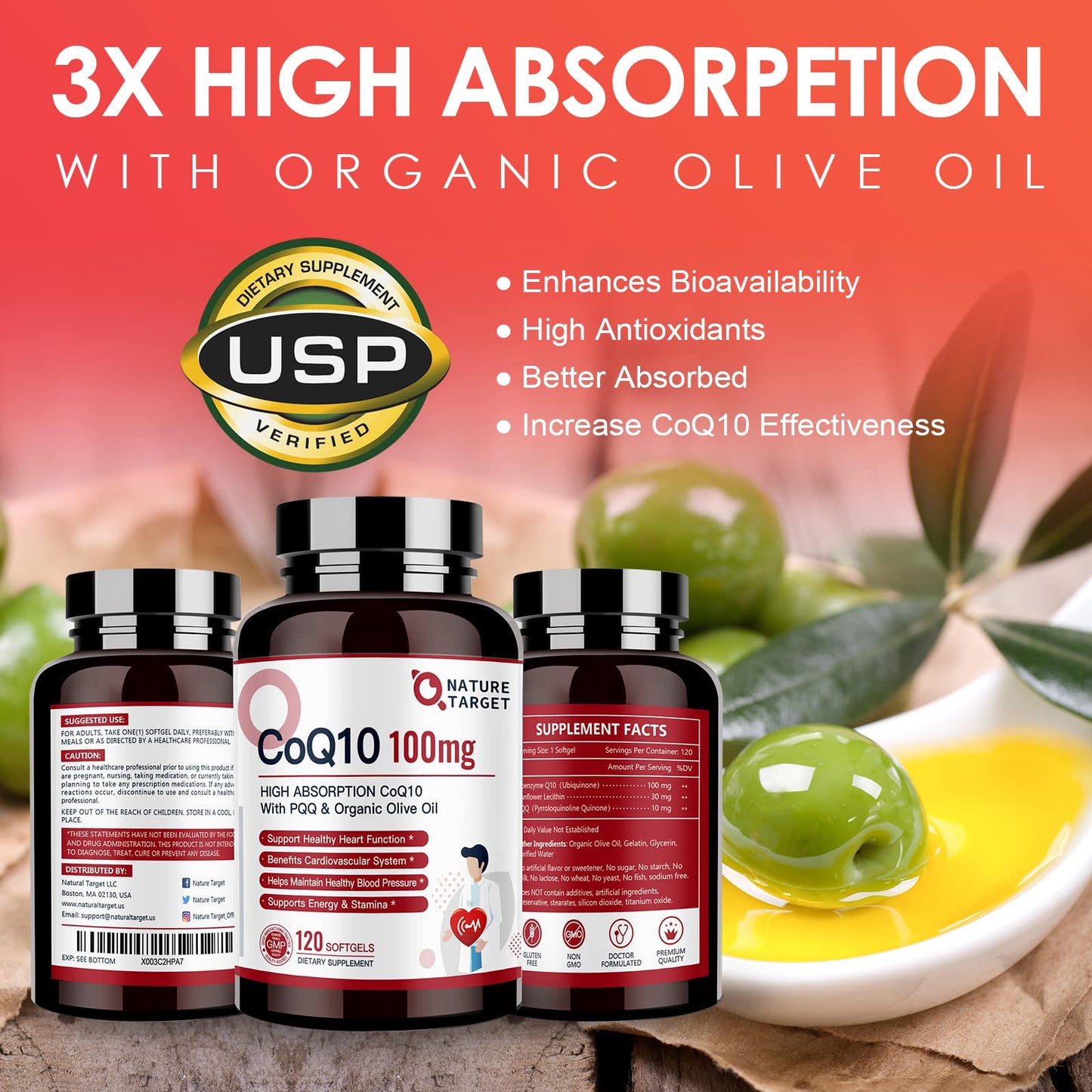 NATURE TARGET CoQ10 100mg Softgels with 10mg PQQ - High Absorption CoQ10 in Organic Olive Oil | Heart, Brain & Energy Support | 120 Servings