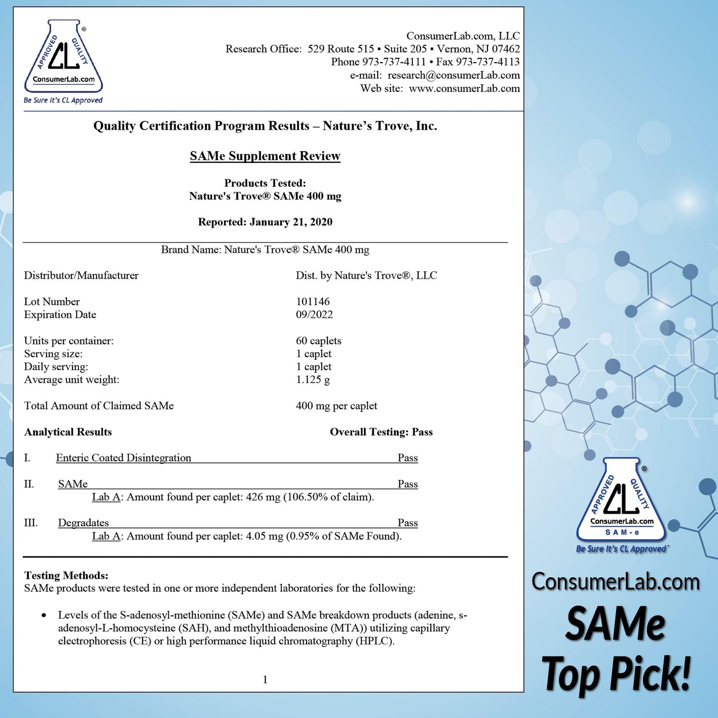 Nature's Trove SAM-e 400mg Enteric Coated Caplets – Mood & Joint Support