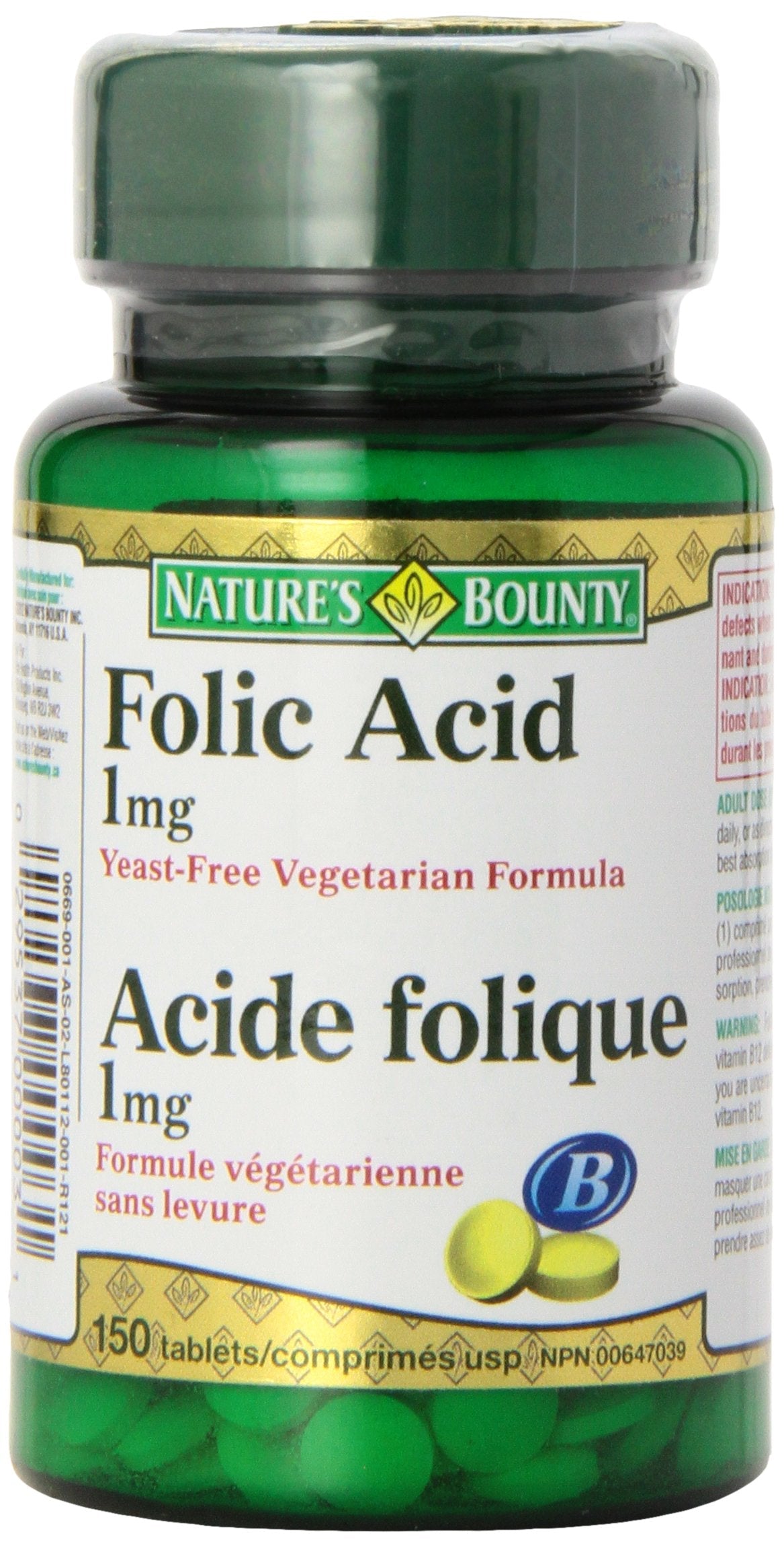 Nature's Bounty Folic Acid 1 mg 150 Tablets (Packaging May Vary) | Vegetarian