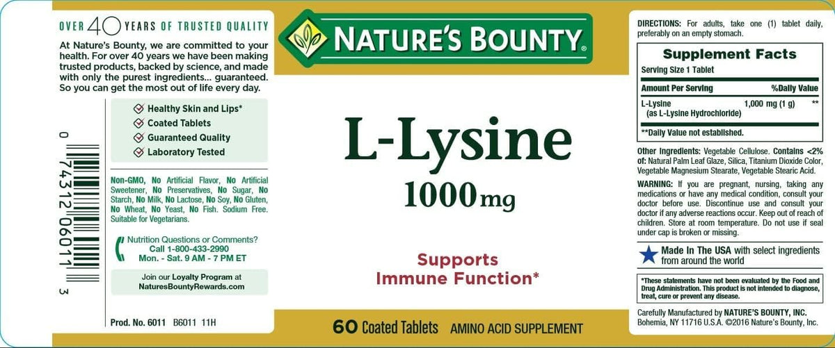 Nature's Bounty L-Lysine 1000 mg Tablets – 60 ea (Pack of 4) BritishVita | Premium UK Vitamins & Wellness Supplements