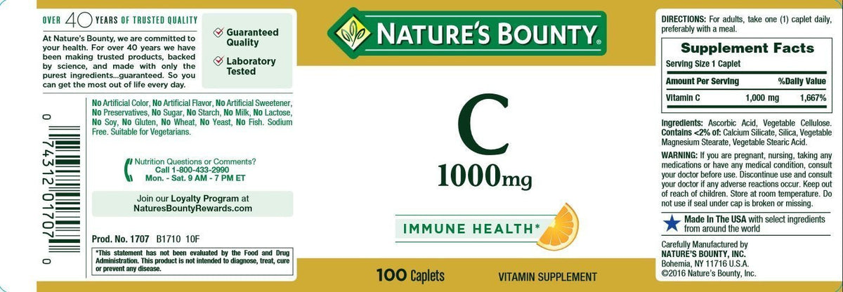 Nature's Bounty Vitamin C 1000 mg, 100 Caplets — Pack of 2 | Immune Support BritishVita | Premium UK Vitamins & Wellness Supplements