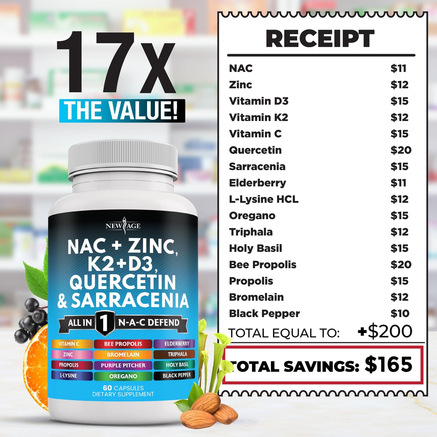 New Age NAC Supplement – N-Acetyl Cysteine with D3 & K2 | 60 Count