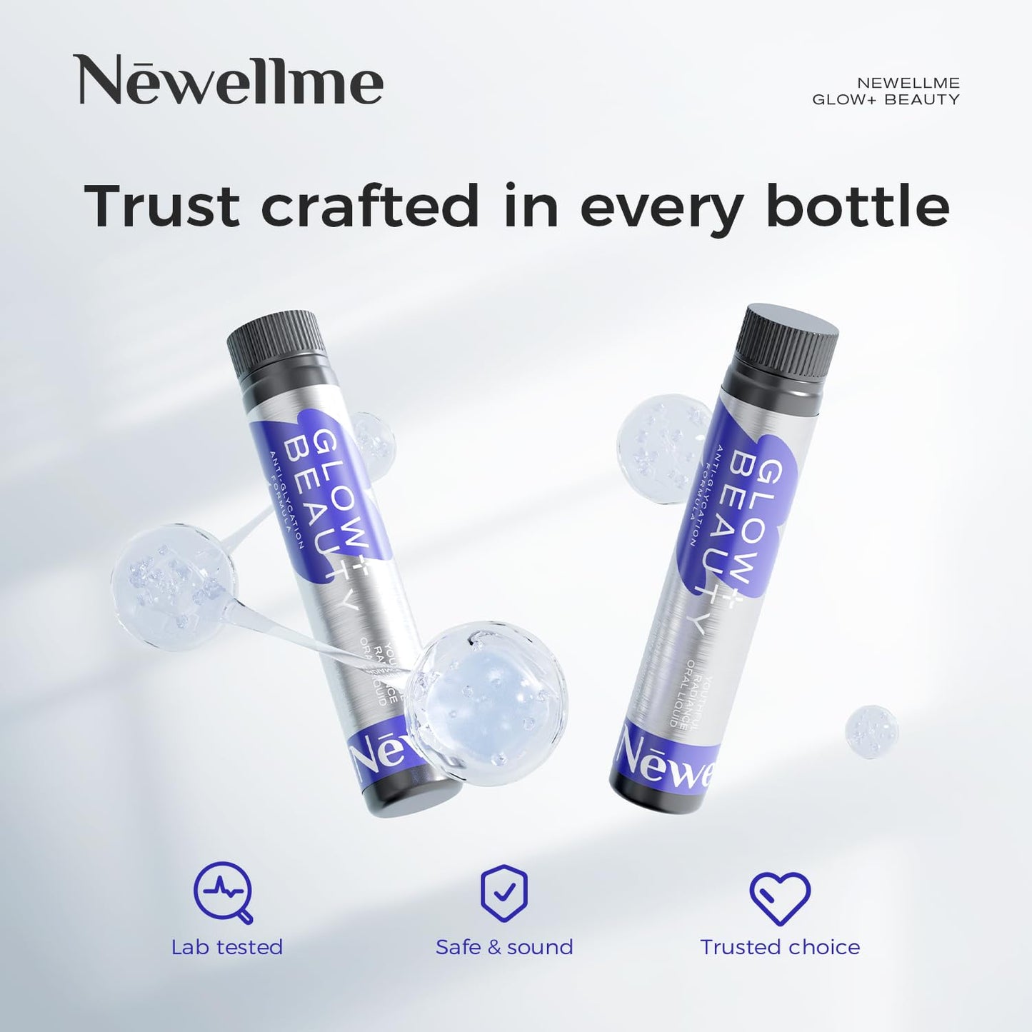 NEWELLME Glow+Beauty Collagen Drink – Liquid Beauty Supplement with Hyaluronic Acid & Antioxidants | 28 Bottles