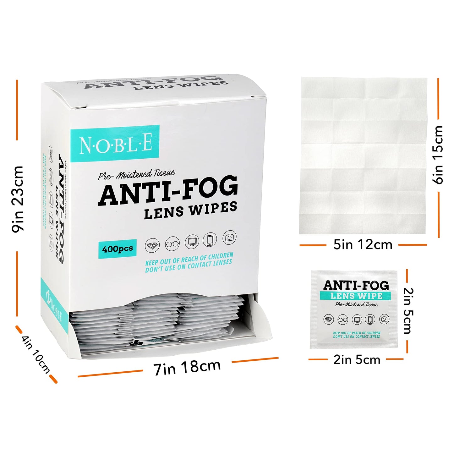 Noble Anti-Fog Pre-Moistened Wipes – Lens & Screen Cleaner, 5”x6” (400)