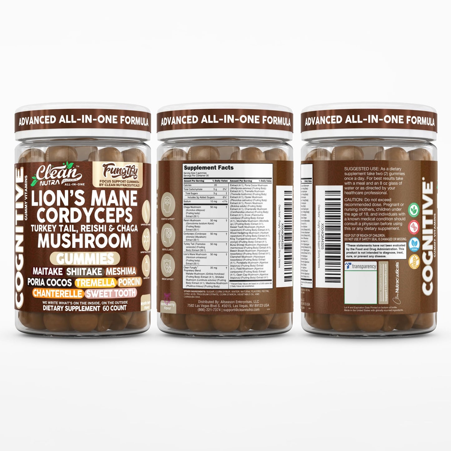Clean Nutra Lions Mane Gummies — Memory & Focus with Cordyceps, Reishi & Immune Support