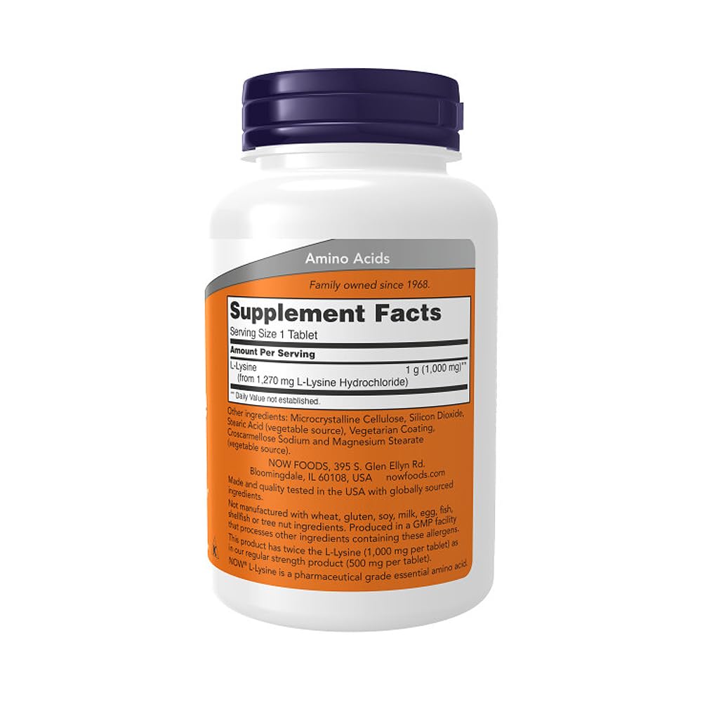 NOW Foods L-Lysine HCl 1000 mg – Double Strength, 100 Tablets
