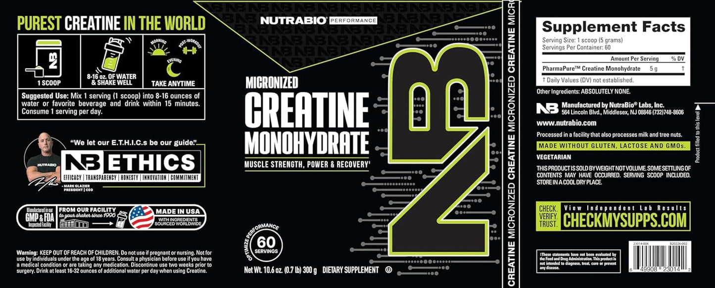 NutraBio Pure Micronized Creatine Monohydrate Powder – Unflavored (300 g) | Supports Muscle, Energy, Recovery & Strength