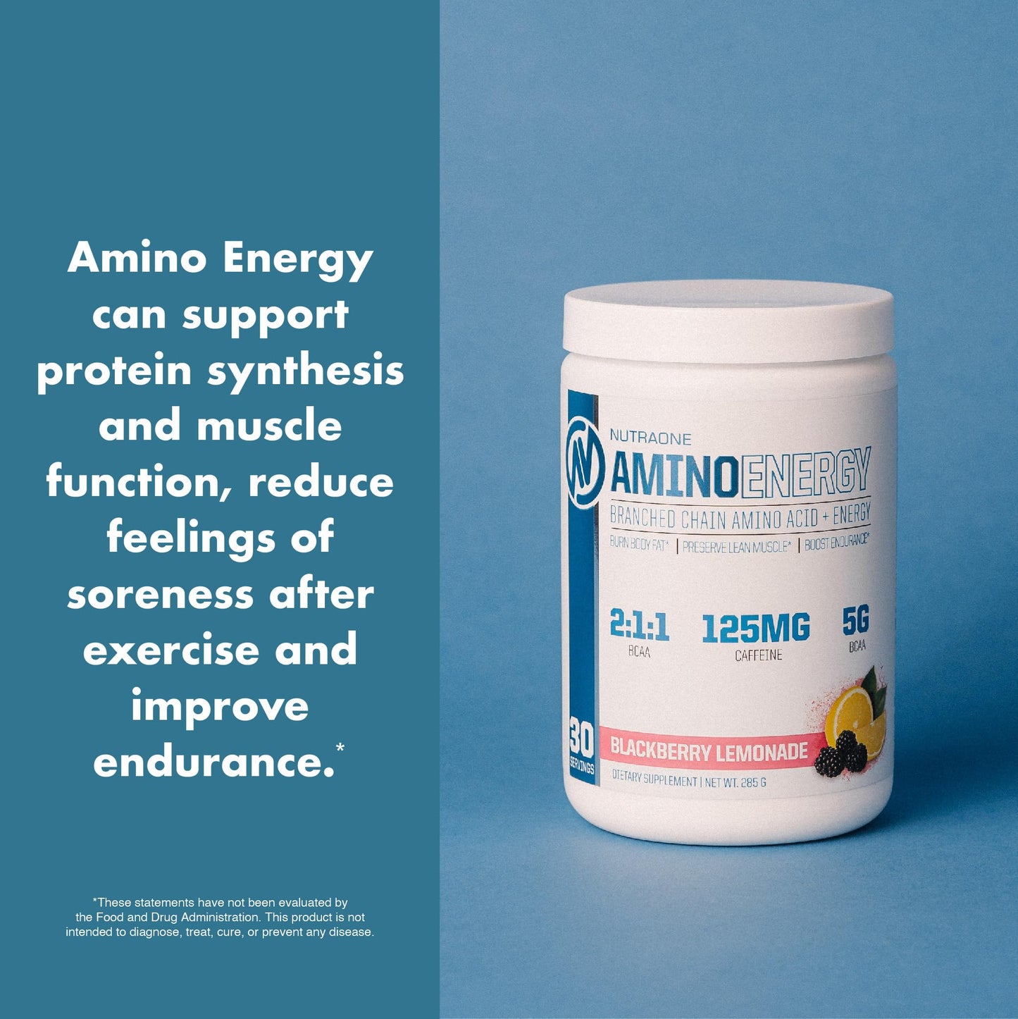NutraOne Amino Energy BCAA Powder – Pre-Workout with Caffeine (Berry Lemonade, 30 Servings)