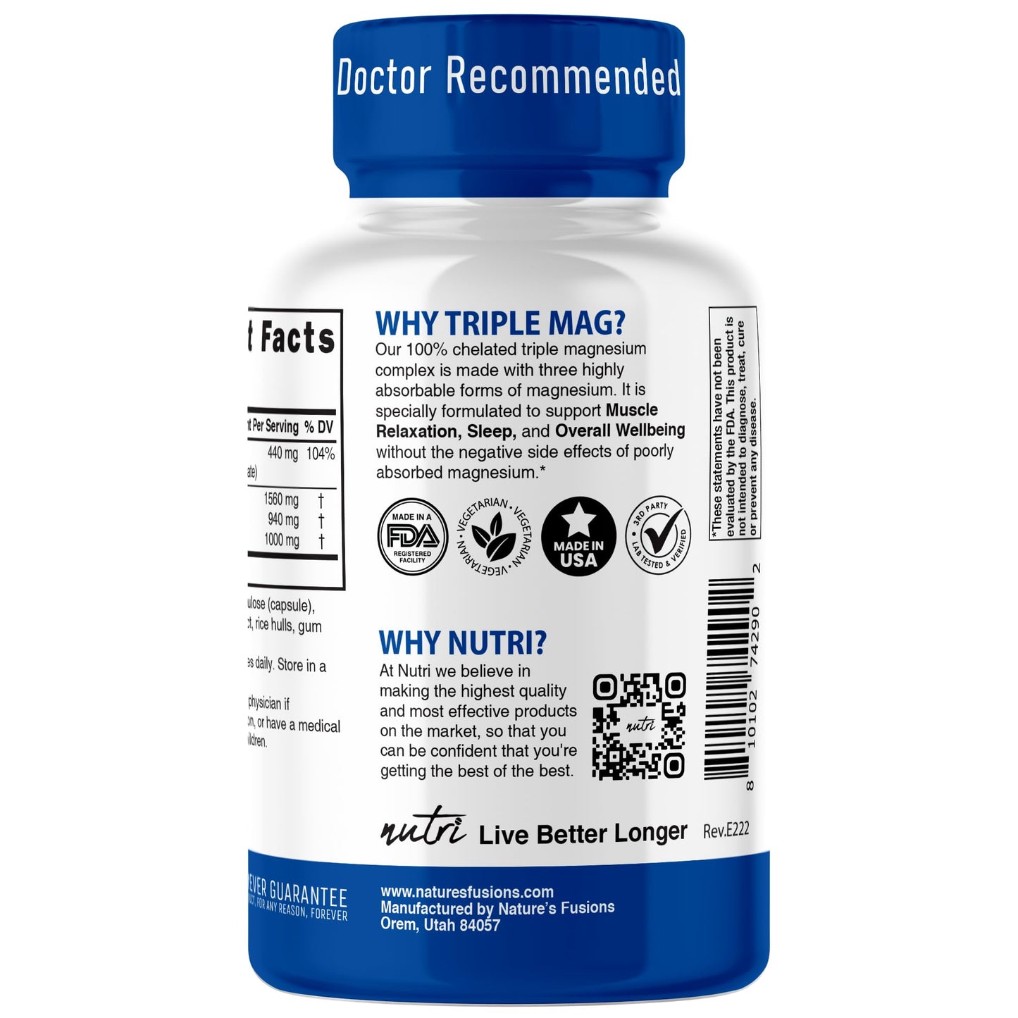 Nutri Triple Magnesium Complex 440mg - Chelated Glycinate, Malate & Taurinate | 120 Vegan Capsules