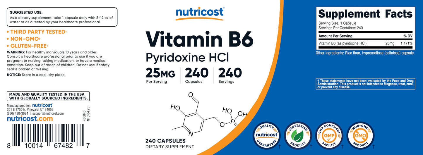Nutricost Vitamin B6 25mg (Pyridoxine HCl) – 240 Capsules | Non-GMO, Gluten Free, Vegetarian