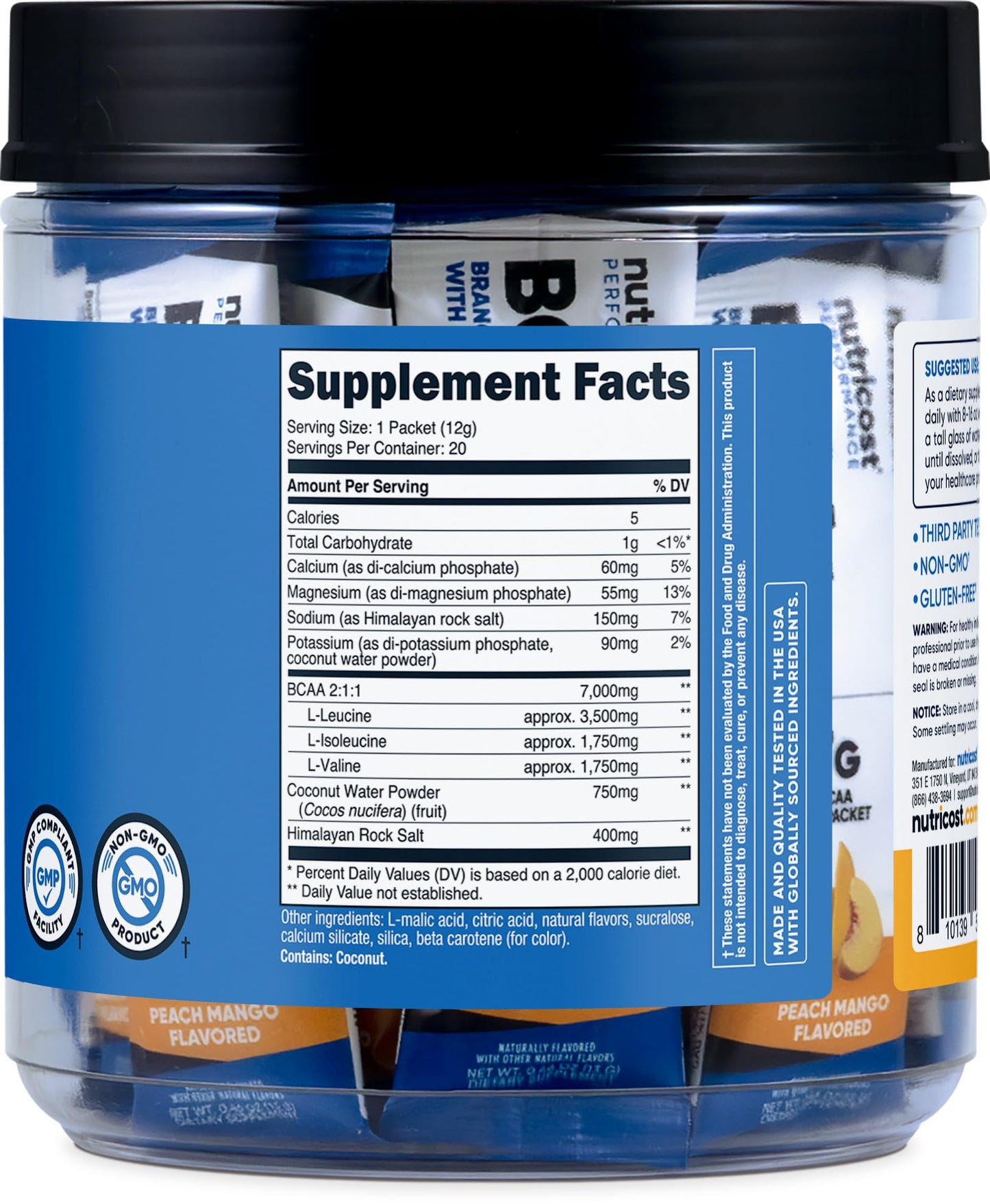 Nutricost BCAA+ Hydration Peach Mango - 20 Stickpacks | Gluten-Free & Non-GMO BritishVita | Premium UK Vitamins & Wellness Supplements