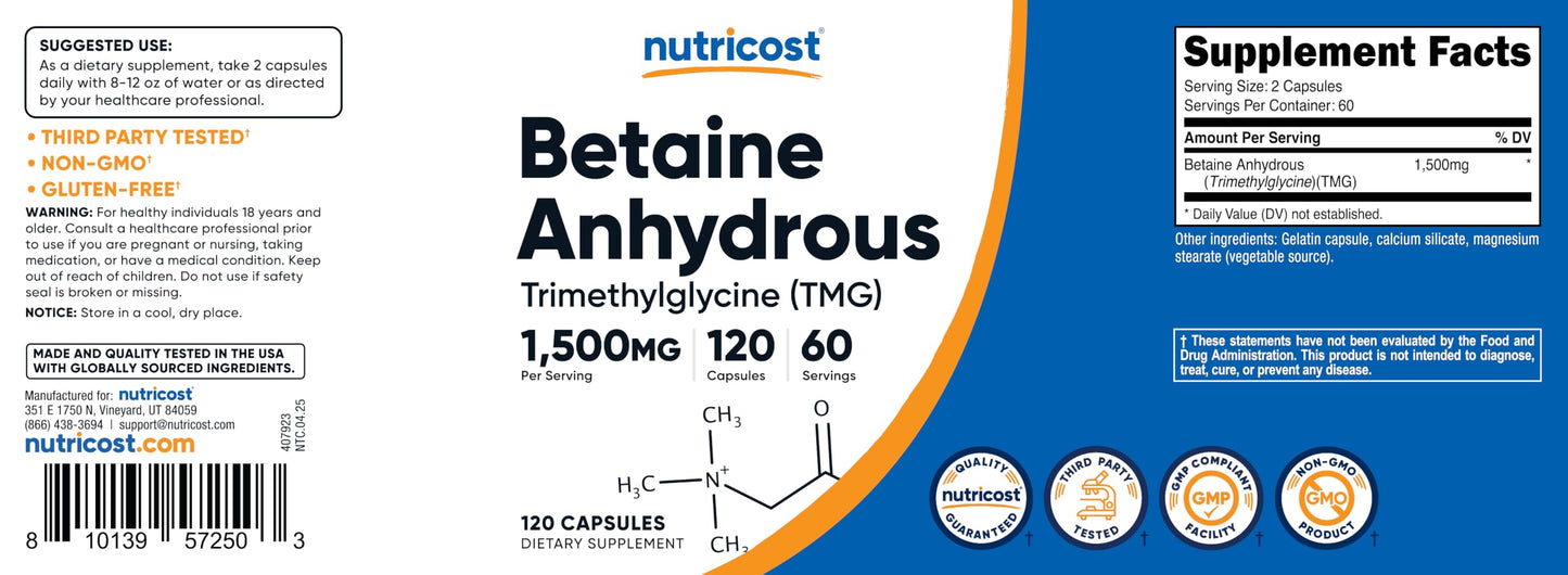 Nutricost Betaine Anhydrous 1500mg Capsules - 60 Servings, Gluten Free