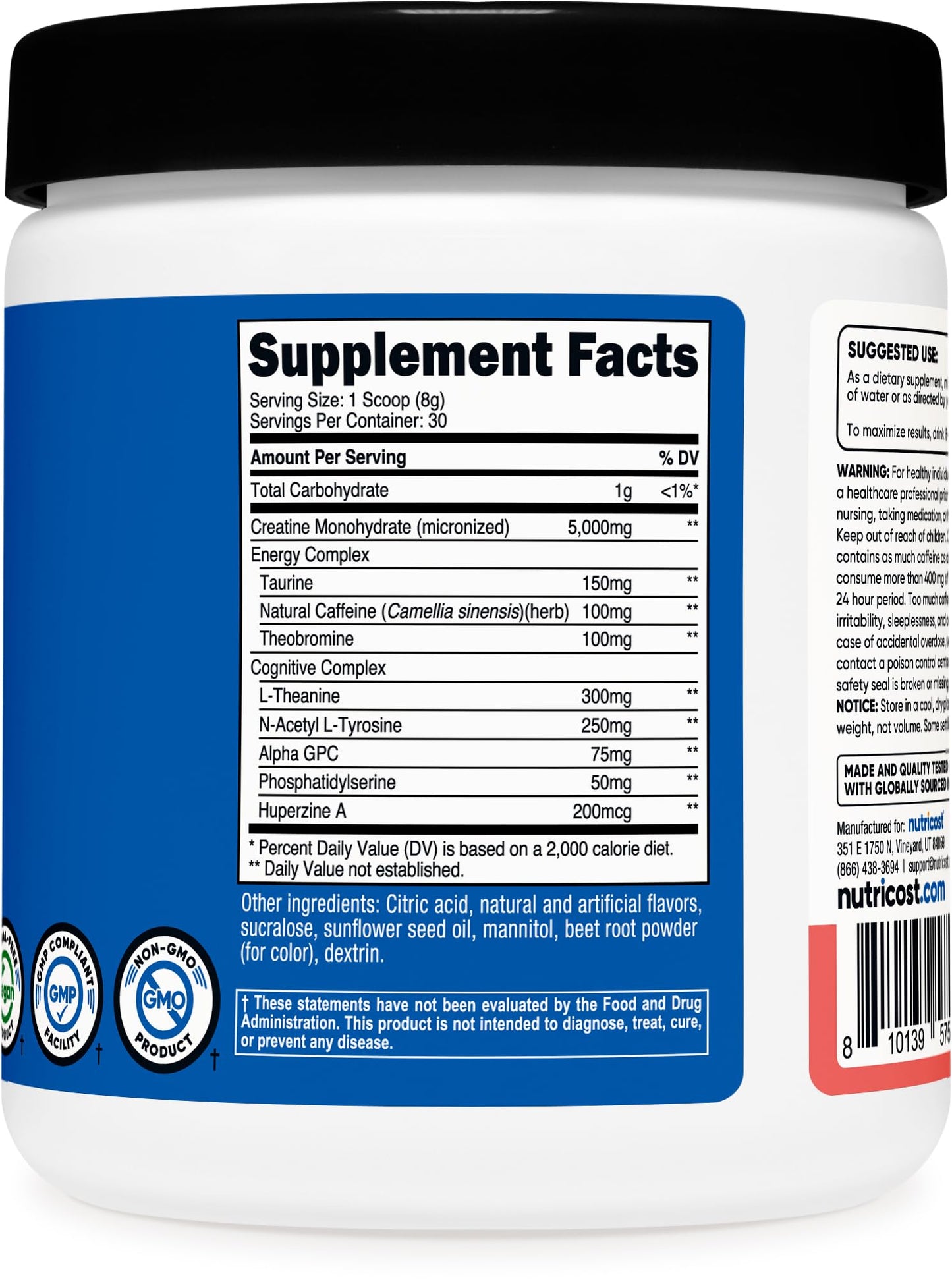 Nutricost Creatine + Energy 30 Servings – Watermelon | 5,000mg Creatine Monohydrate + 350mg Energy