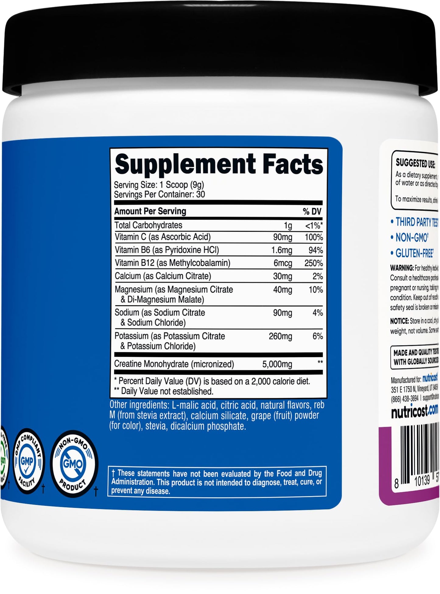 Nutricost Creatine Monohydrate + Hydration Grape (30 Servings) - 5,000mg/Serving + 7 Vitamins & Minerals