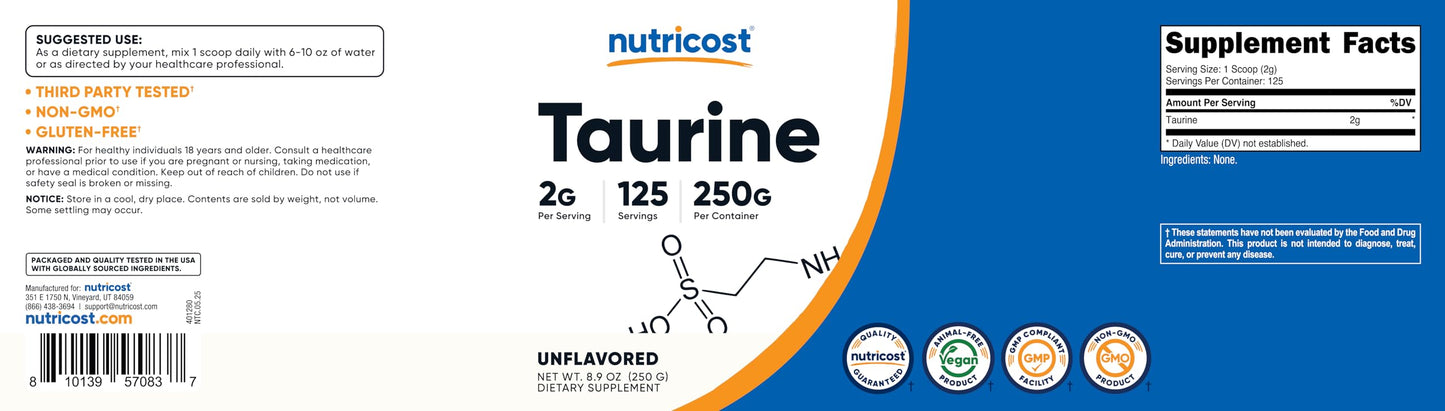 Nutricost Taurine Powder 250 Grams - 125 Servings, 2000mg Per Serving