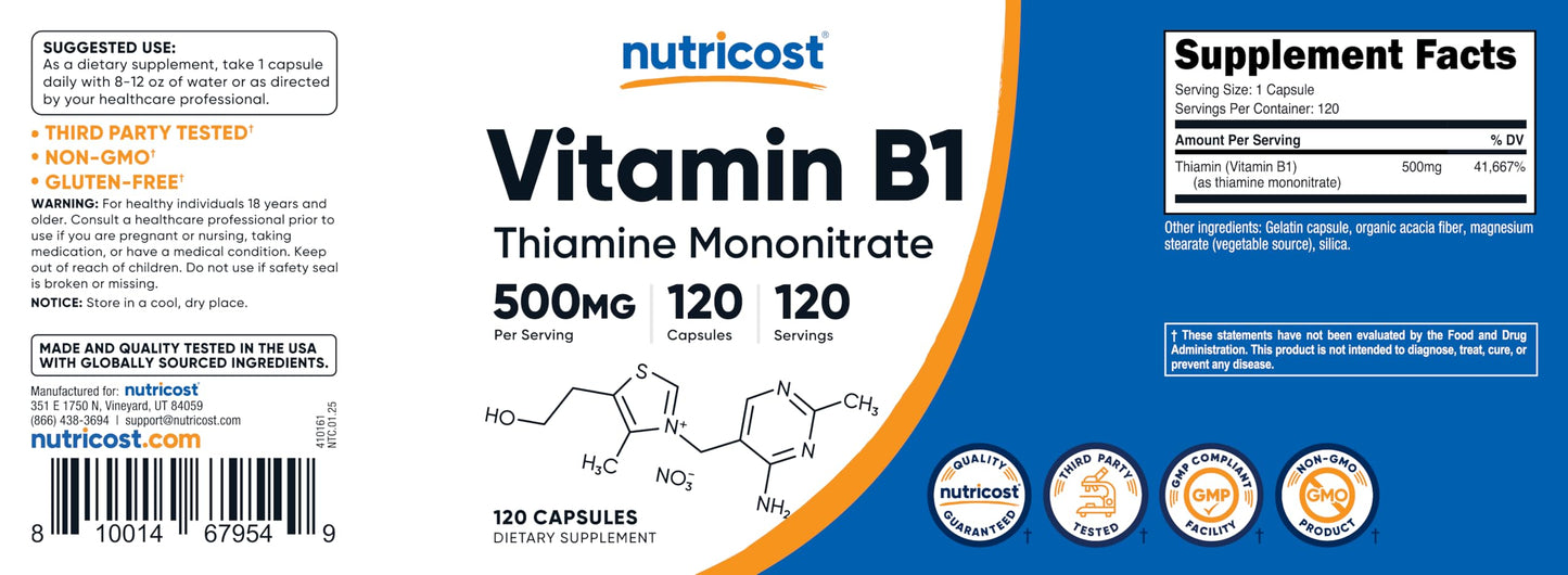 Nutricost Vitamin B1 (Thiamine) 500mg – 120 Capsules