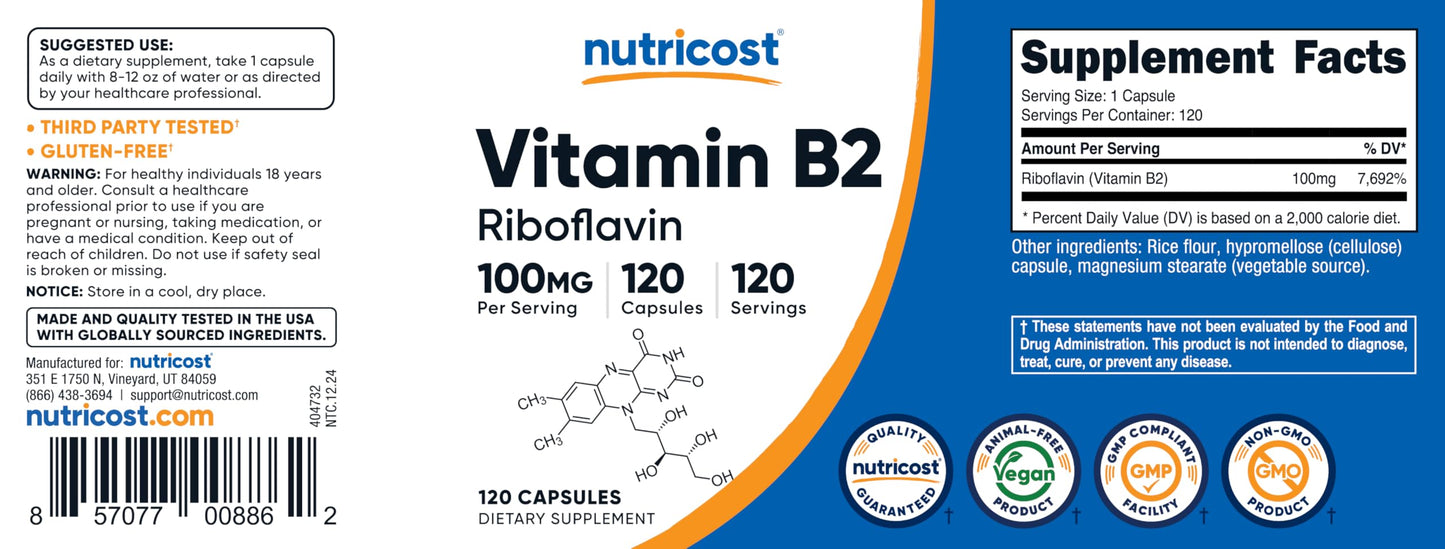 Nutricost Vitamin B2 100mg Riboflavin - 120 Capsules, Gluten Free & Non-GMO