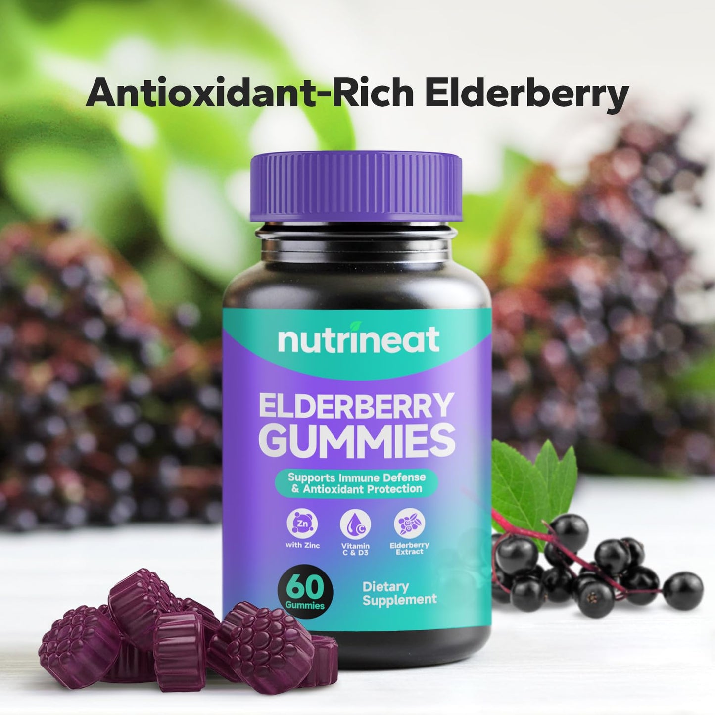 NutriNeat Elderberry Gummies – Immune Support with Vitamin C, D3 & Zinc (60 Gummies)