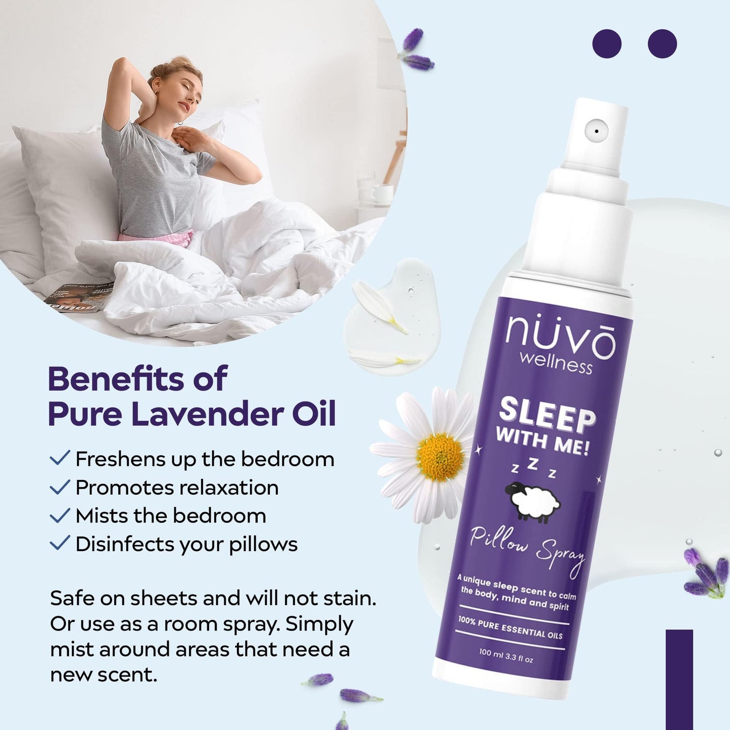NUVO WELLNESS ESSENTIALS Premium Pillow Spray – Lavender & Chamomile Sleep Mist