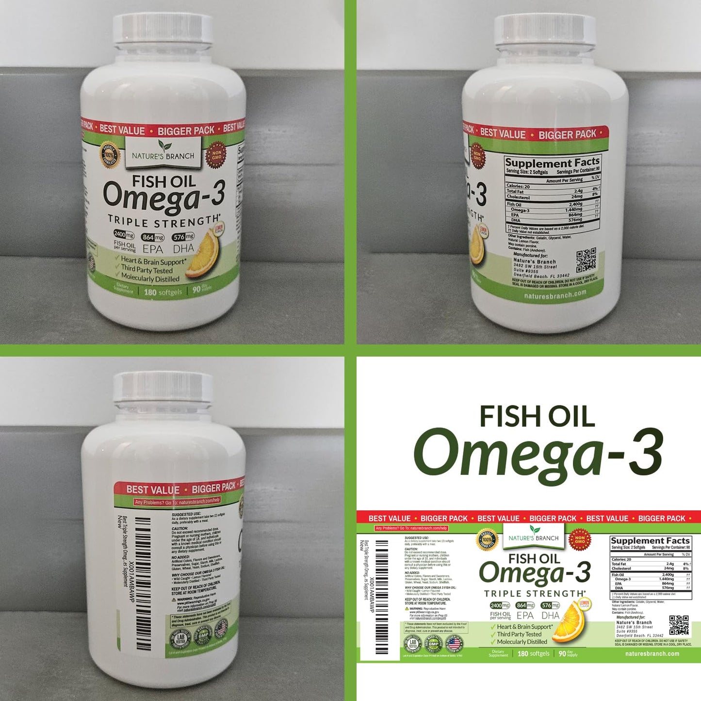 Triple Strength Omega-3 Fish Oil Pills — 180 Softgels, 2400mg, Burpless Lemon