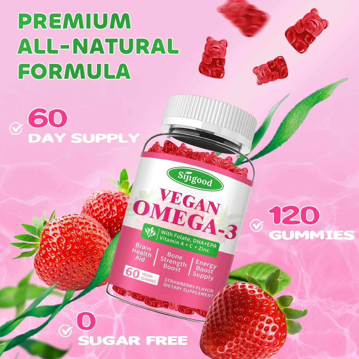 Algae Omega-3 Gummies – Vegan DHA & EPA, Sugar-Free, Strawberry, 120 Count