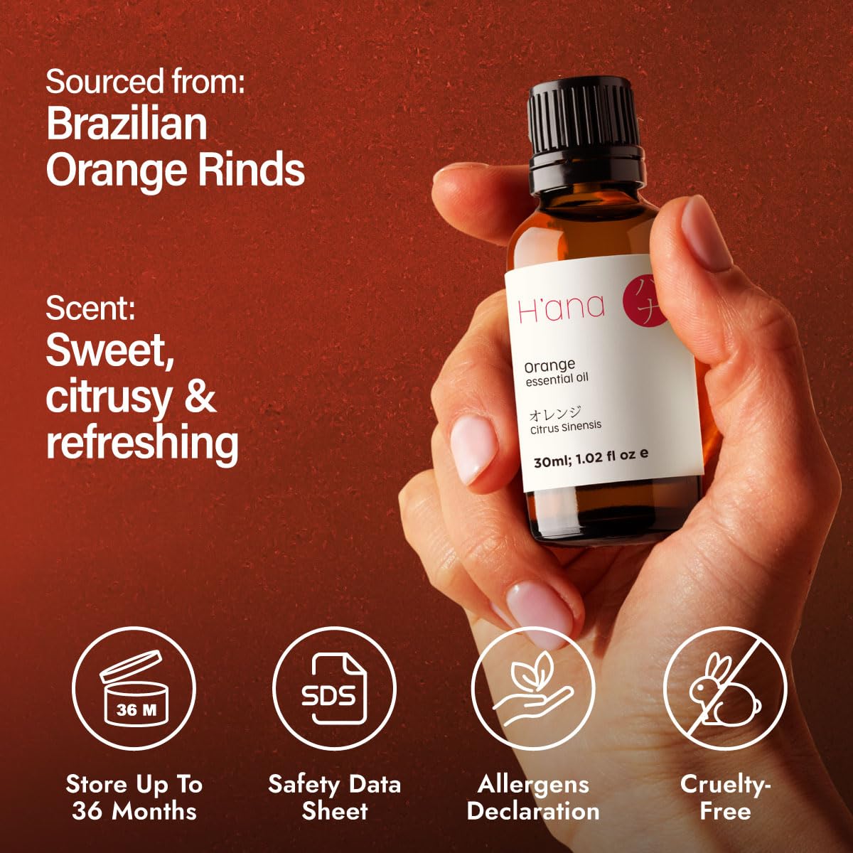 H'ana Orange Essential Oil - 1.02 Fl Oz | Hair, Skin, Diffuser, Aromatherapy, DIY Candle & Soap Making