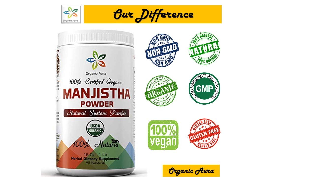 Organic Aura Premium Pure Manjistha Powder – 16 oz (1 lb), USDA Certified Organic, 100% All Natural, Gluten Free