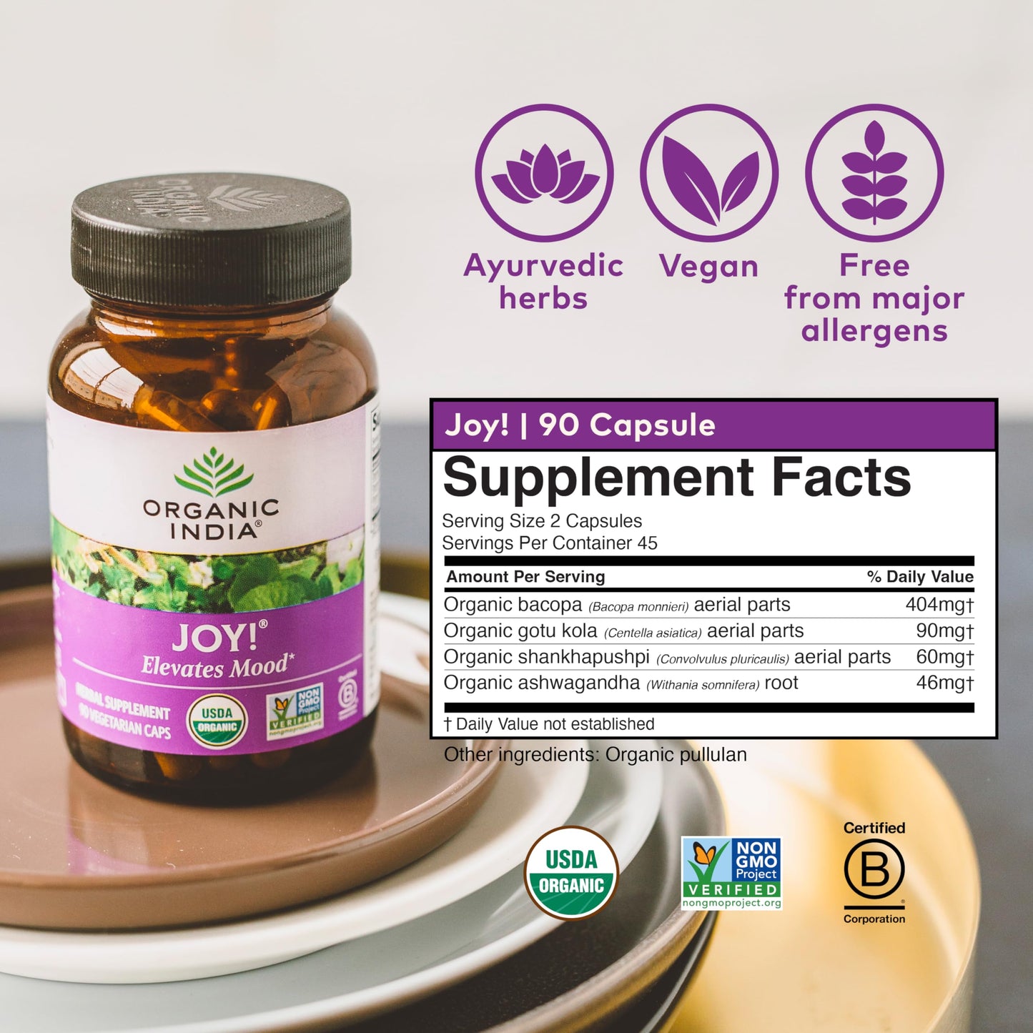 ORGANIC INDIA Joy Herbal Supplement – Immune Support, Memory & Focus, Vegan, Gluten-Free, Kosher, USDA Organic, Non-GMO, 90 Capsules