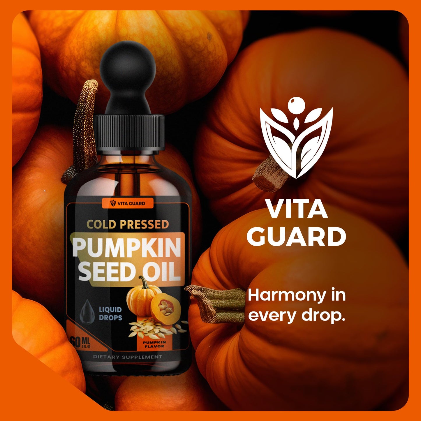 Vita Guard Cold Pressed Pumpkin Seed Oil Liquid Drops – 2000mg per Serving | Vegan, Gluten-Free, Non-GMO | Hair, Skin & Prostate Support | Natural Pumpkin Flavor | 60ml Dietary Supplement