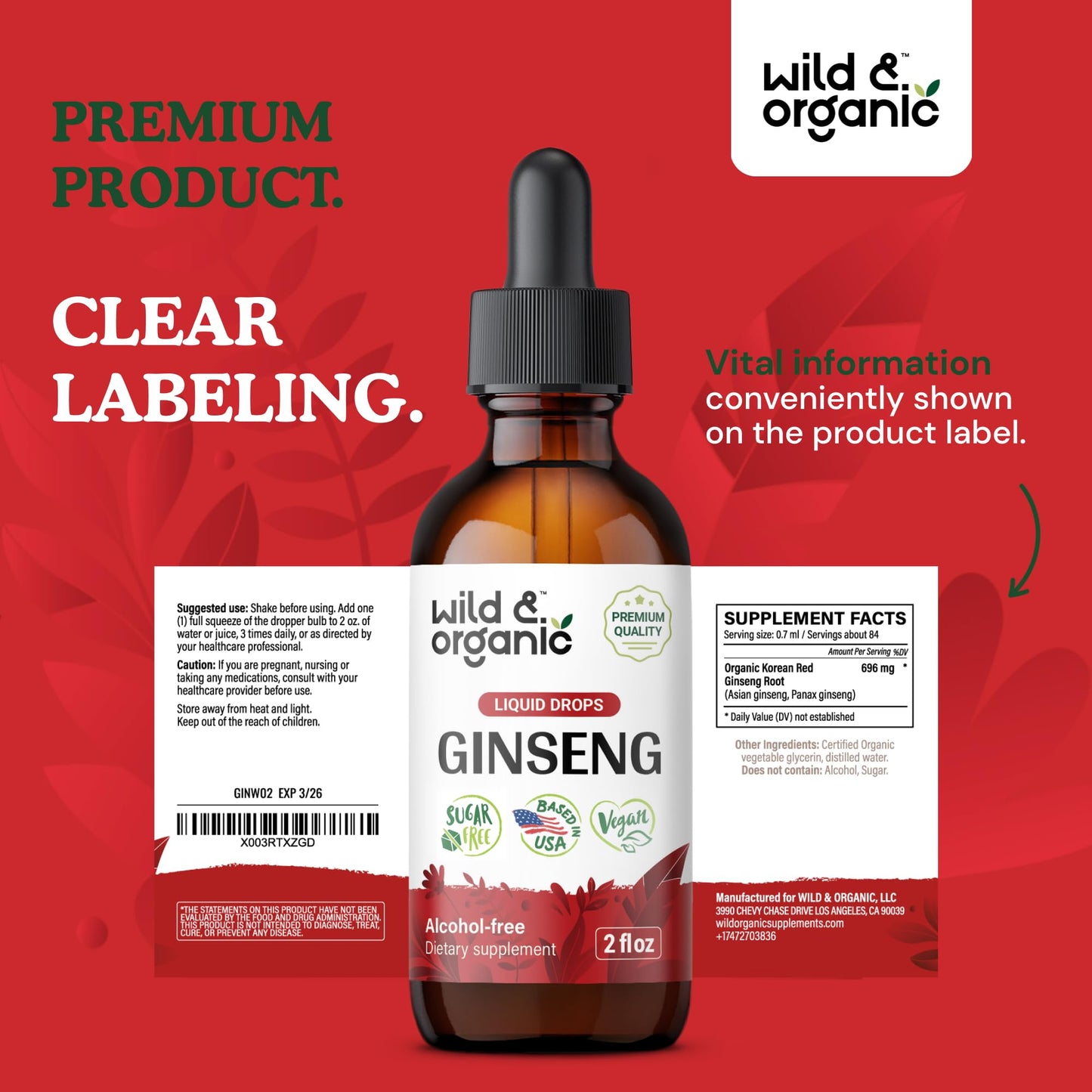 Wild & Organic Korean Red Ginseng Drops - Immune Support | Vegan & Alcohol-Free - 2 fl oz