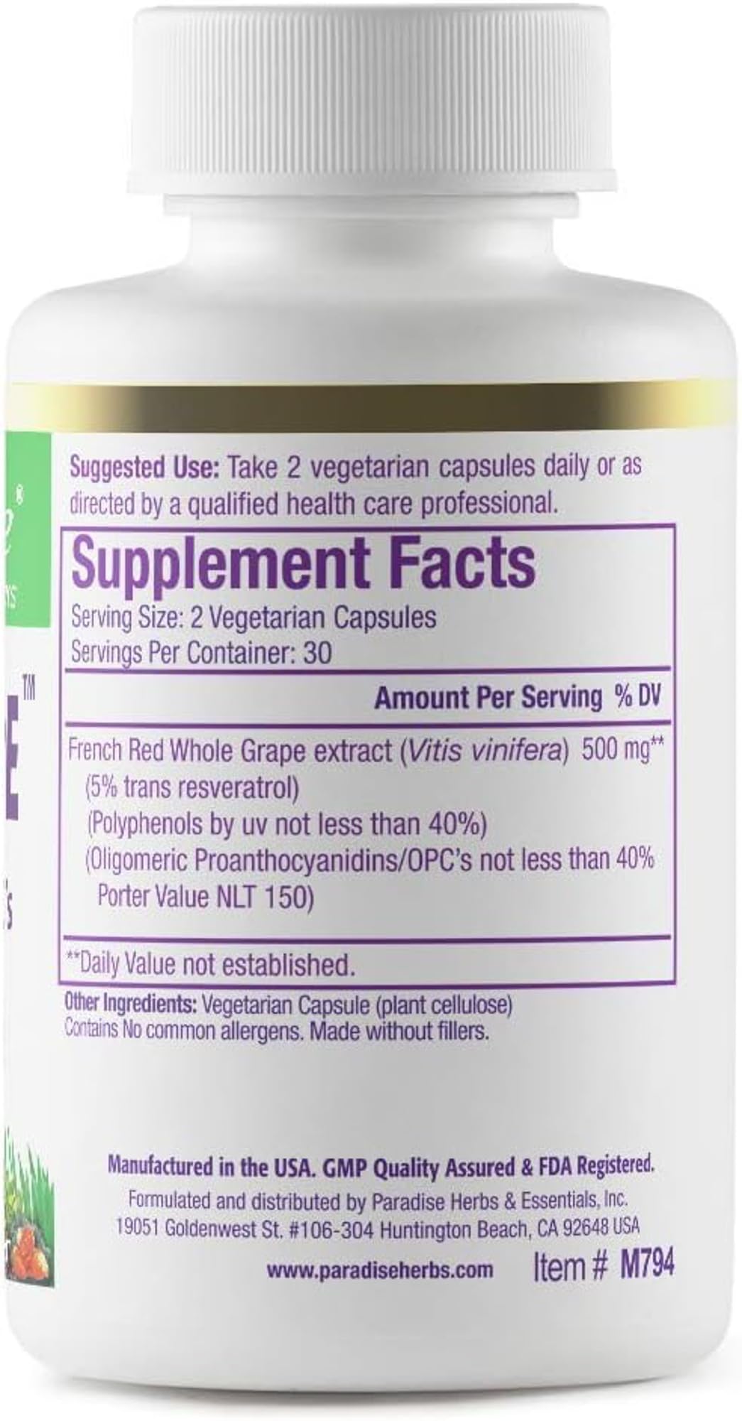 Paradise Herbs Resveragrape: Resveratrol + OPCs, 60 Veg Caps (Pack of 2)